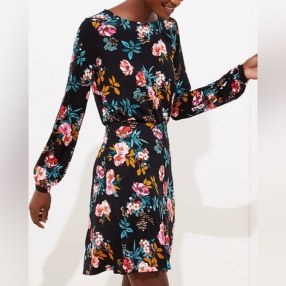 Loft Black Multicolor Floral Bar Wrap Back Dress Size 4 NWT - Picture 1 of 11